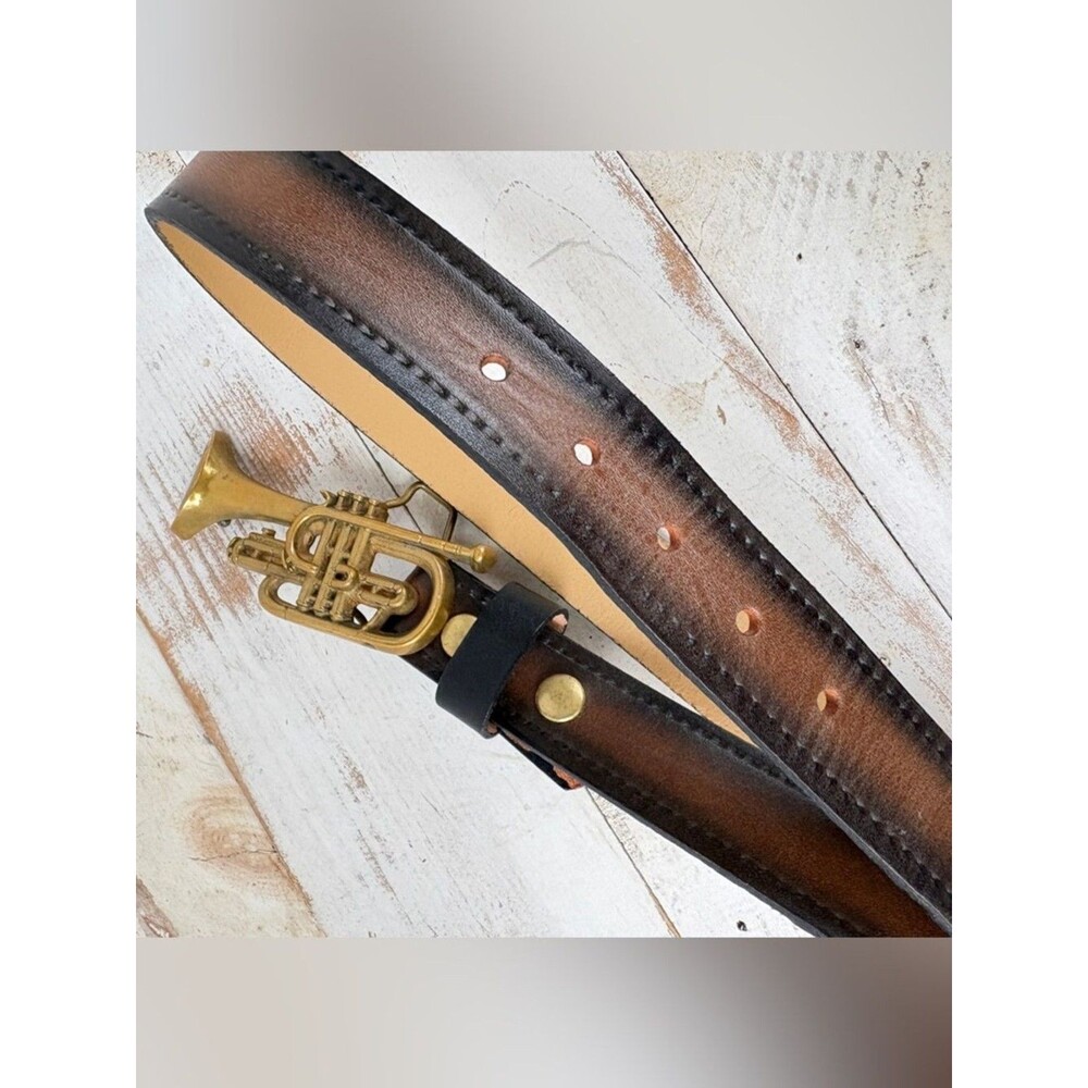 Vintage 70s leather belt Baron solid Brass Buckle cornet trumpet music band 34 - Picture 4 of 16